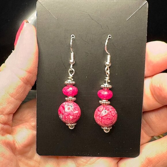 Rain Flower Jade & Faceted Pink Jade Earrings 925 Sterling Silver Ear Wires - Picture 4 of 11